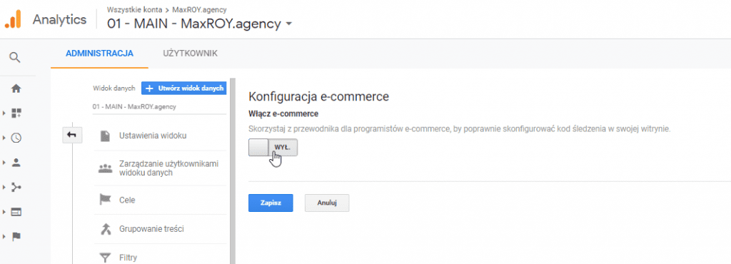 implementacja e commerce w ustawieniach google analytics
