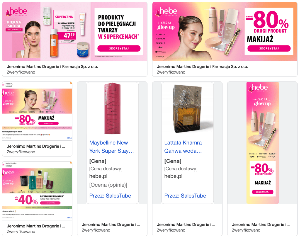 Przykładowe formaty reklamy kosmetyków w Google Ads